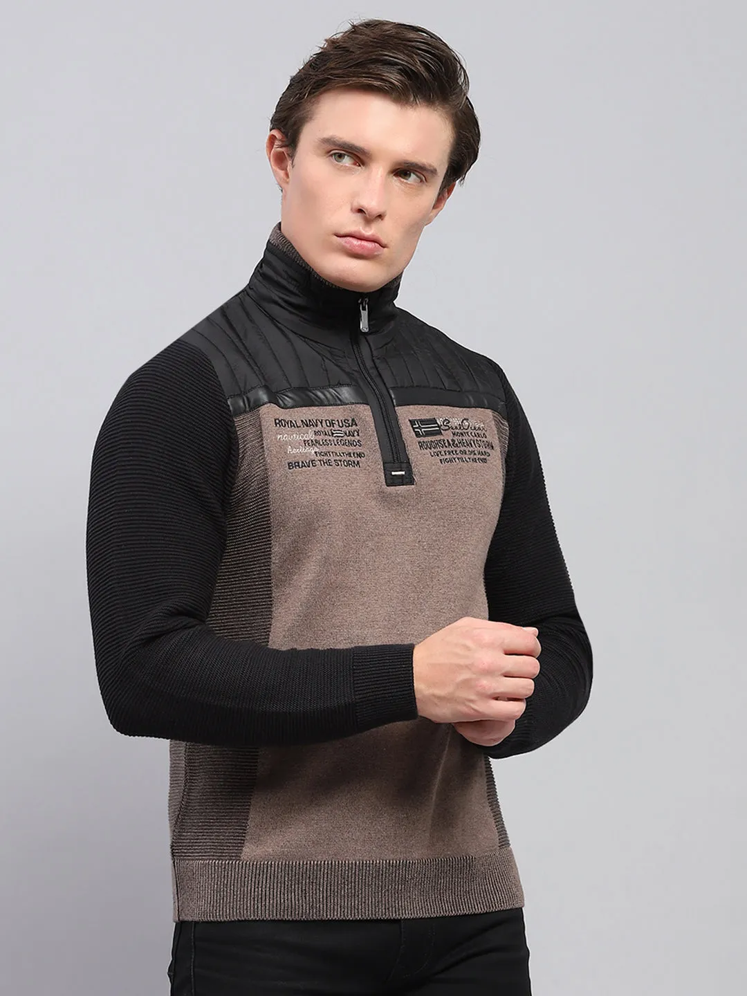 Men Black Printed Mock Neck Full Sleeve Pullover