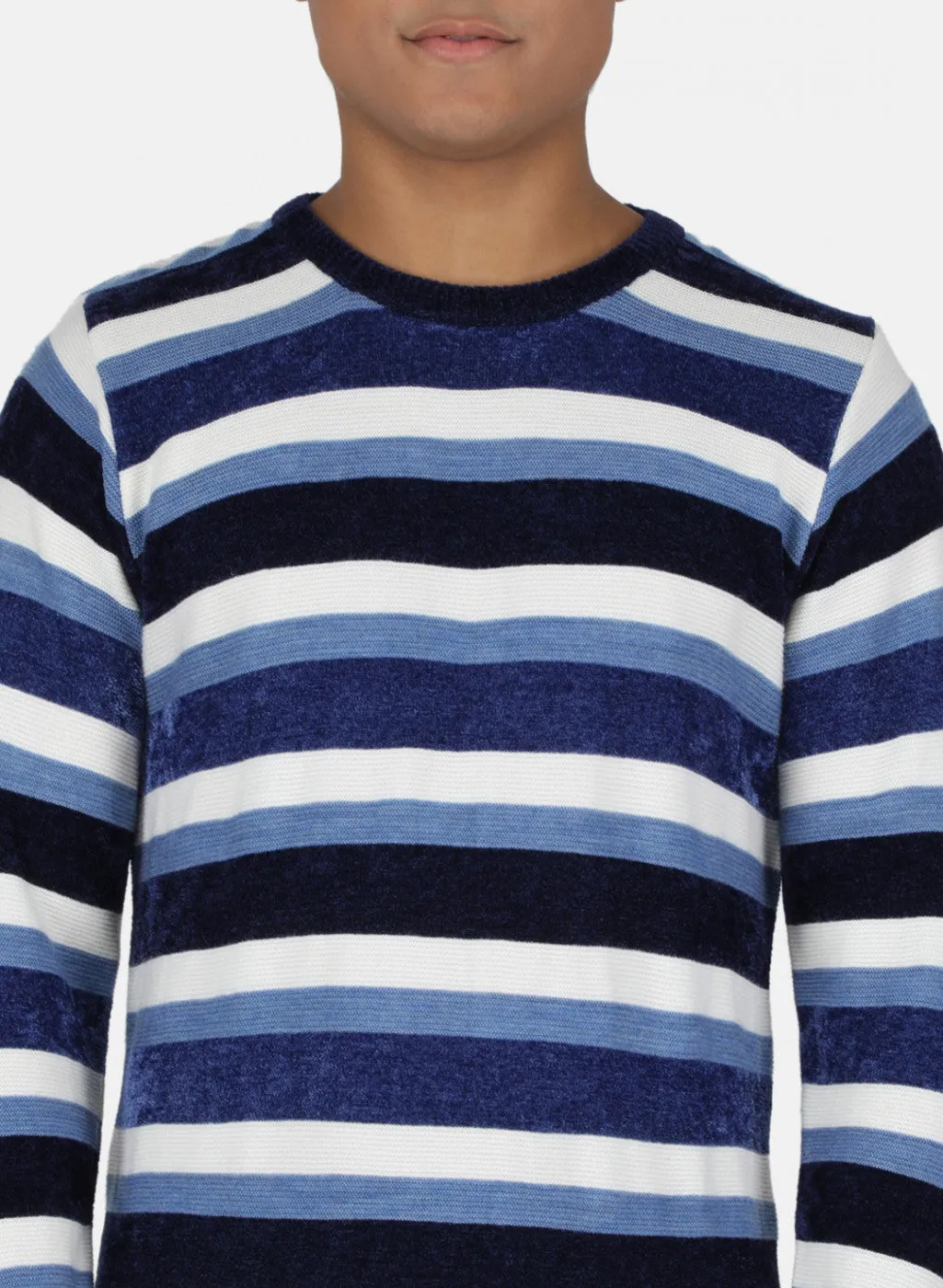 Men Blue & White Self Design Pullover