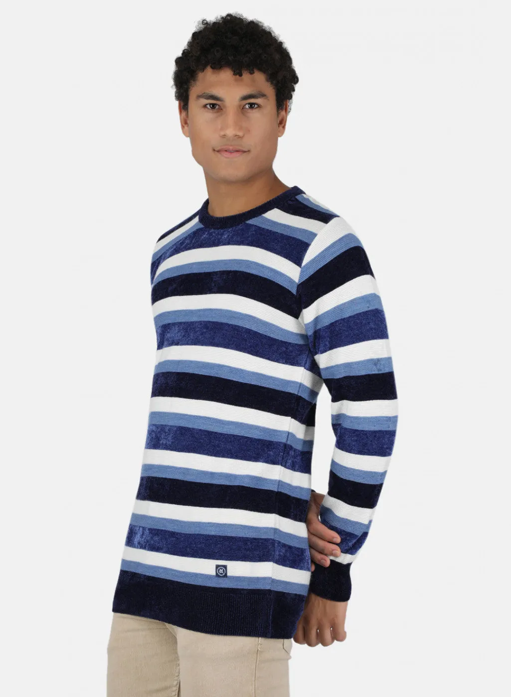 Men Blue & White Self Design Pullover