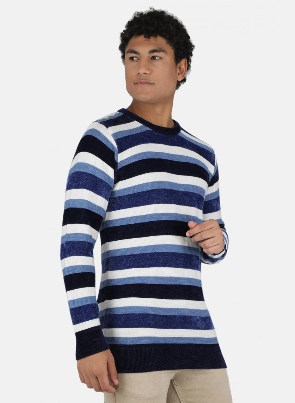 Men Blue & White Self Design Pullover