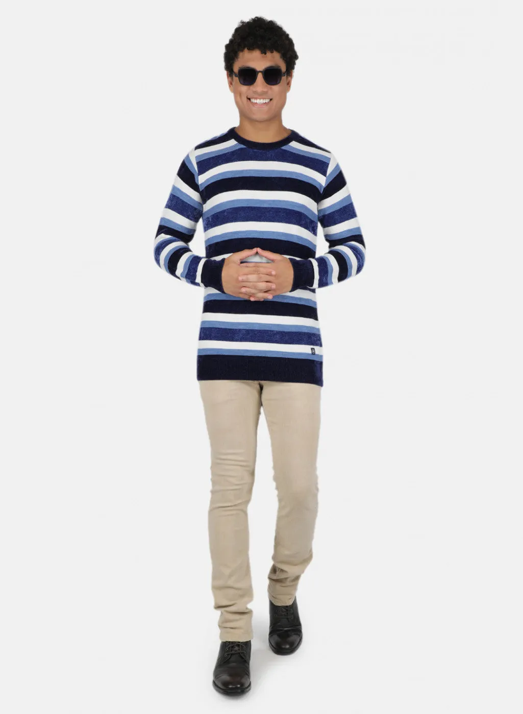 Men Blue & White Self Design Pullover