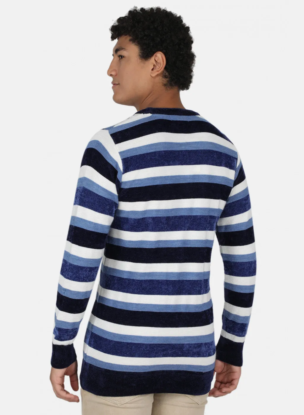 Men Blue & White Self Design Pullover