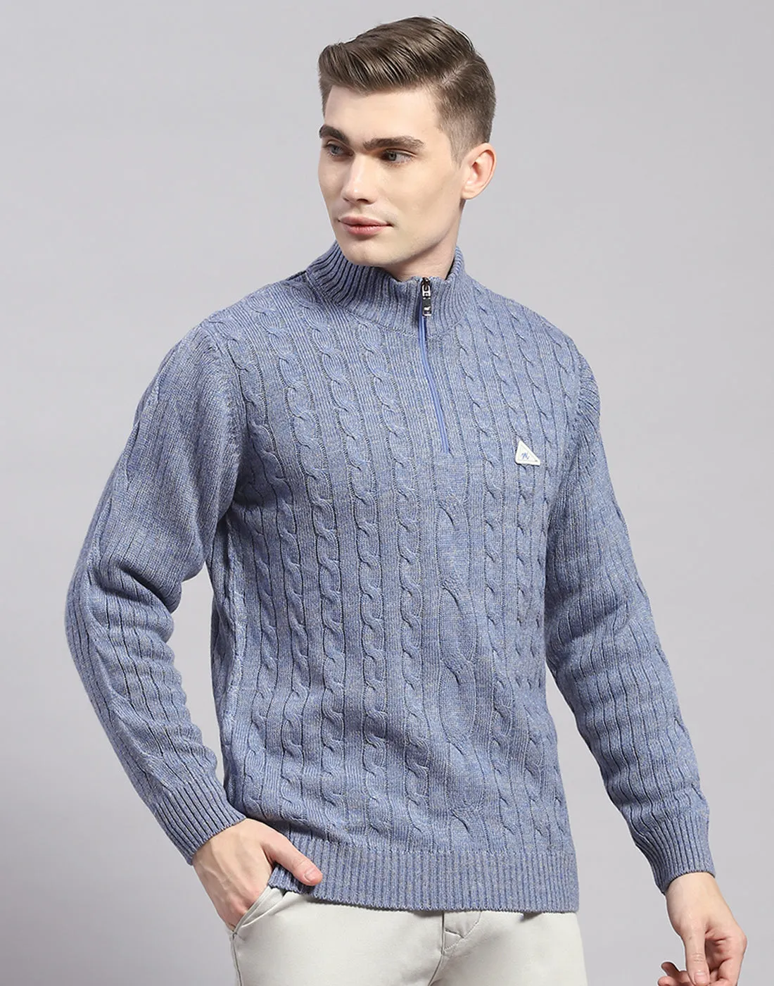 Men Blue Solid H Neck Full Sleeve Pullover