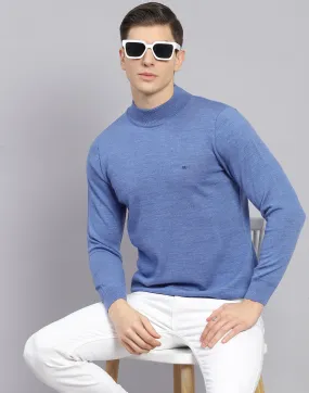 Men Blue Solid T Neck Full Sleeve Sweater