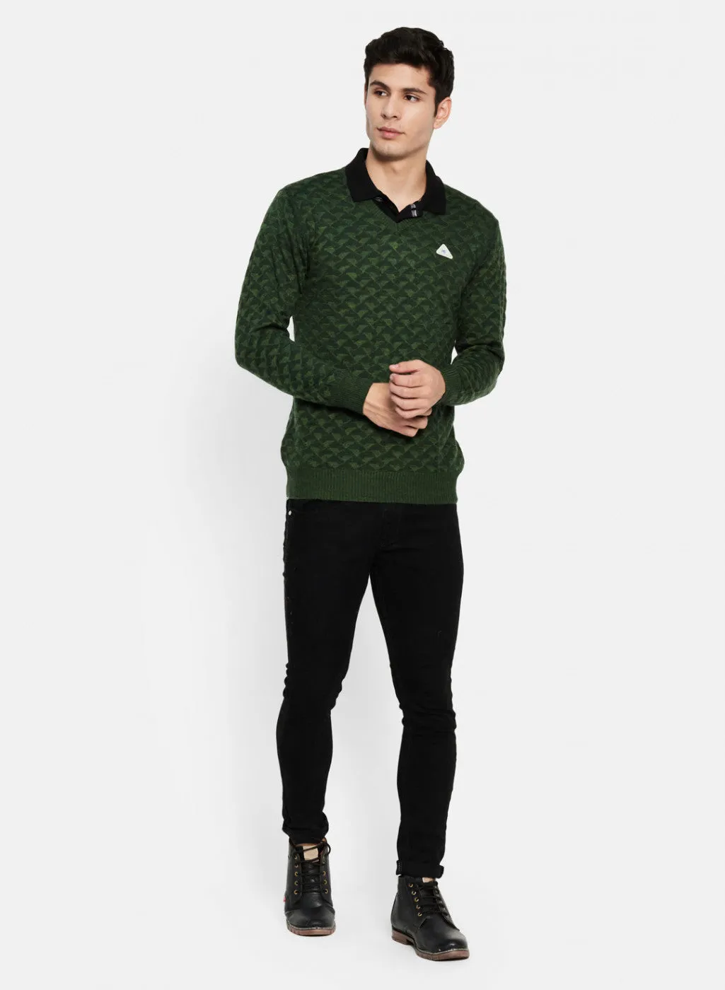 Men Green & Black Solid Pullover