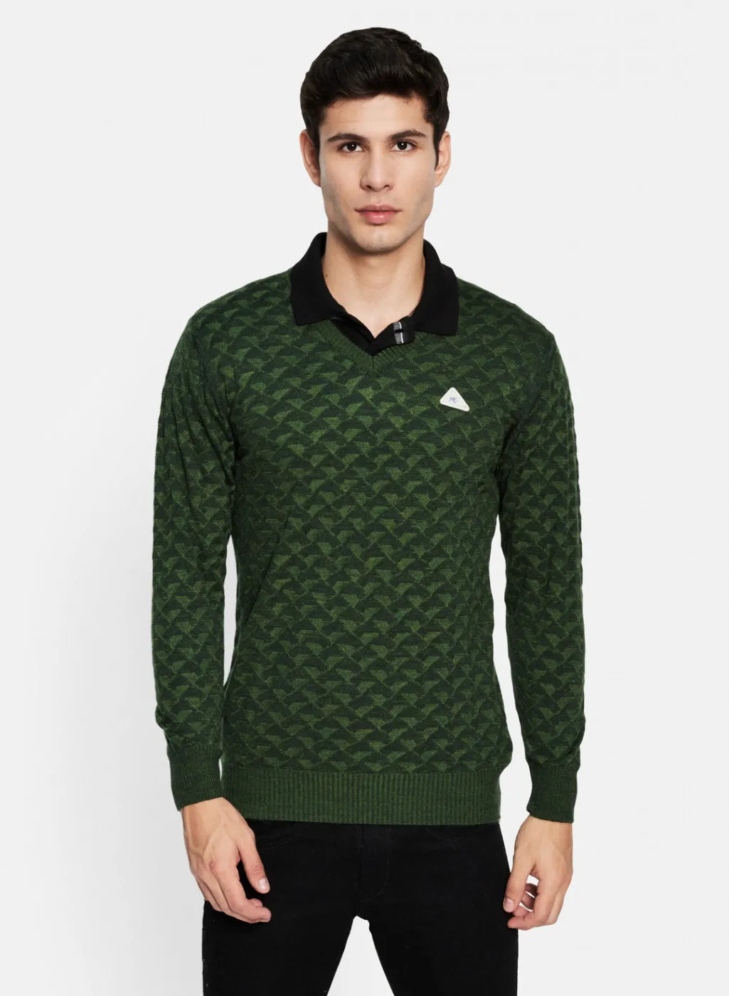 Men Green & Black Solid Pullover