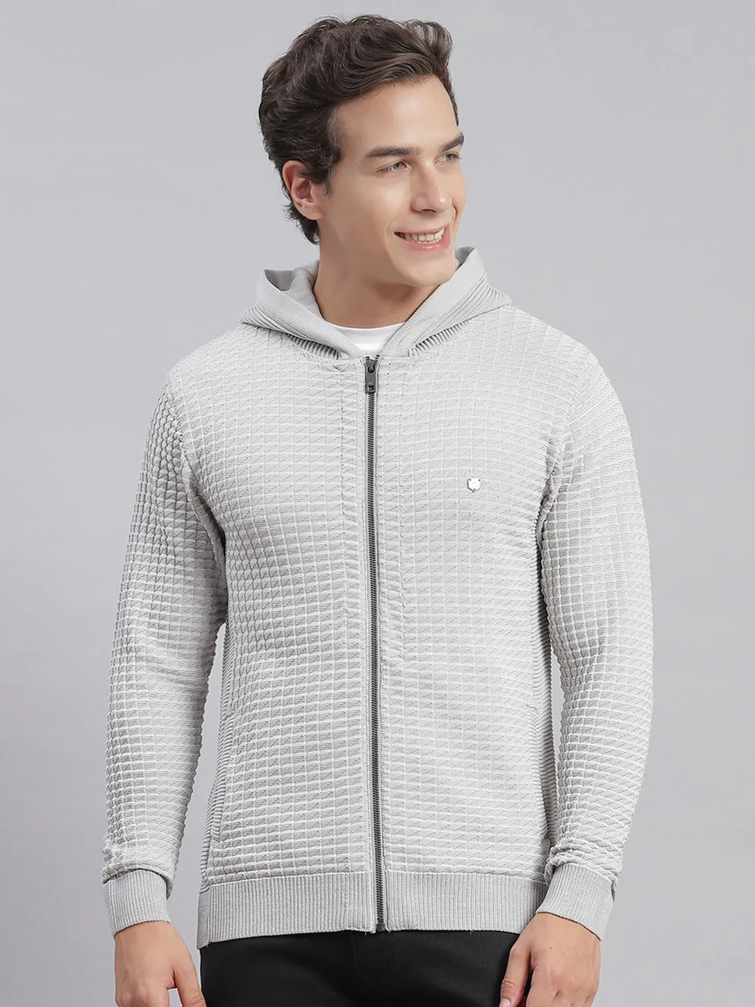 Men Grey Self Design Hooded Full Sleeve Sweaters/Pullovers