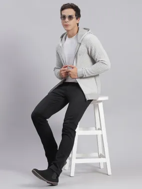 Men Grey Self Design Hooded Full Sleeve Sweaters/Pullovers