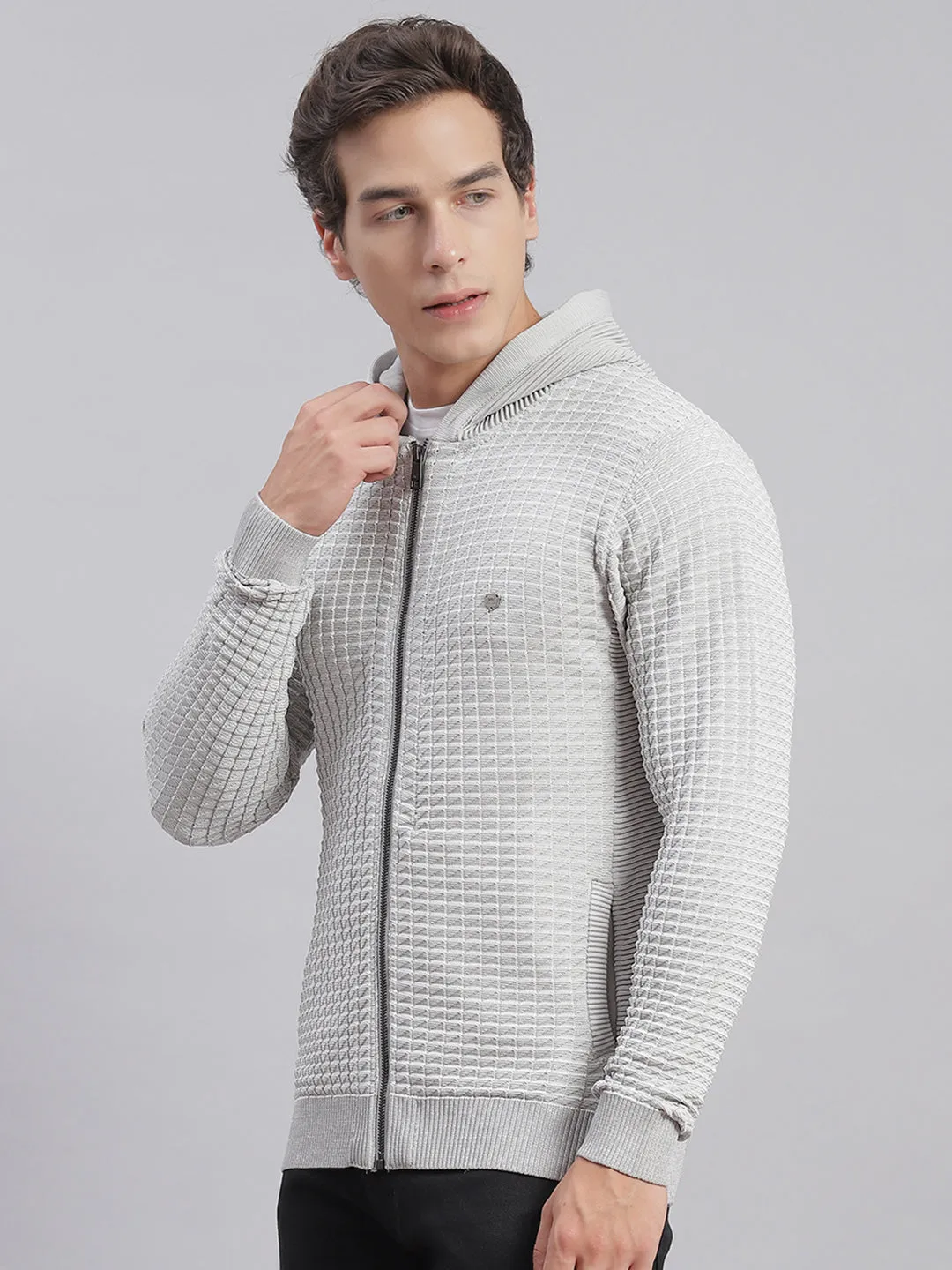 Men Grey Self Design Hooded Full Sleeve Sweaters/Pullovers