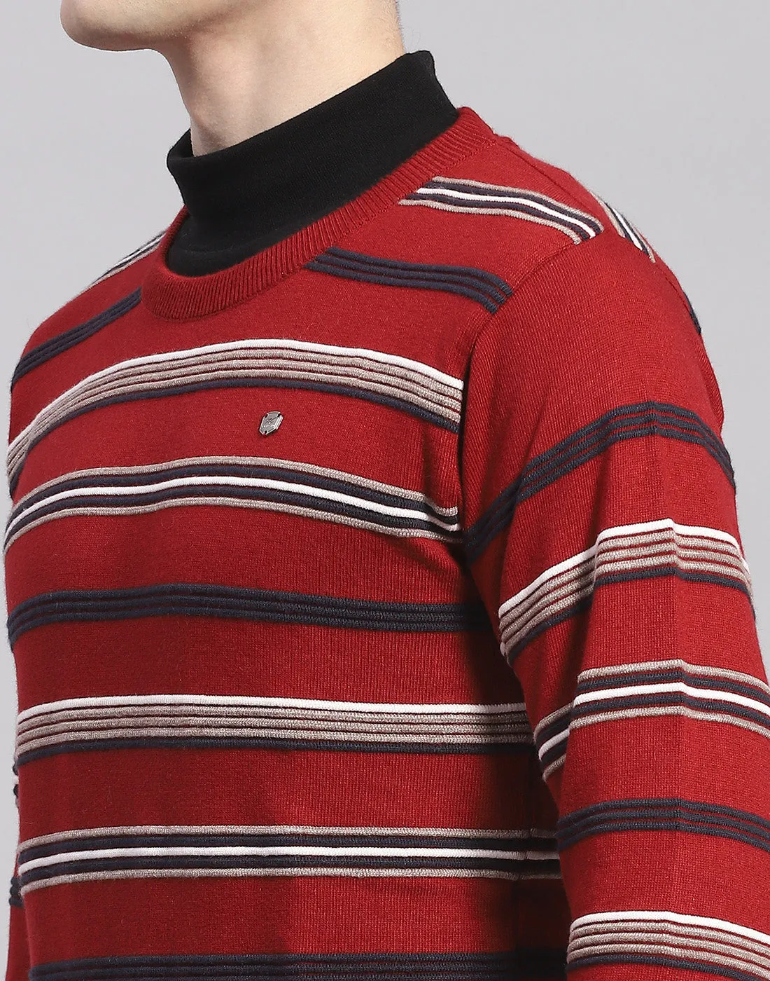 Men Maroon Stripe Round Neck Full Sleeve Pullover