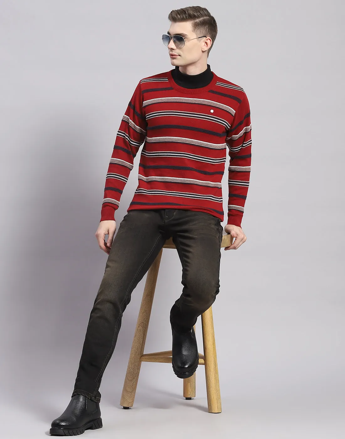 Men Maroon Stripe Round Neck Full Sleeve Pullover