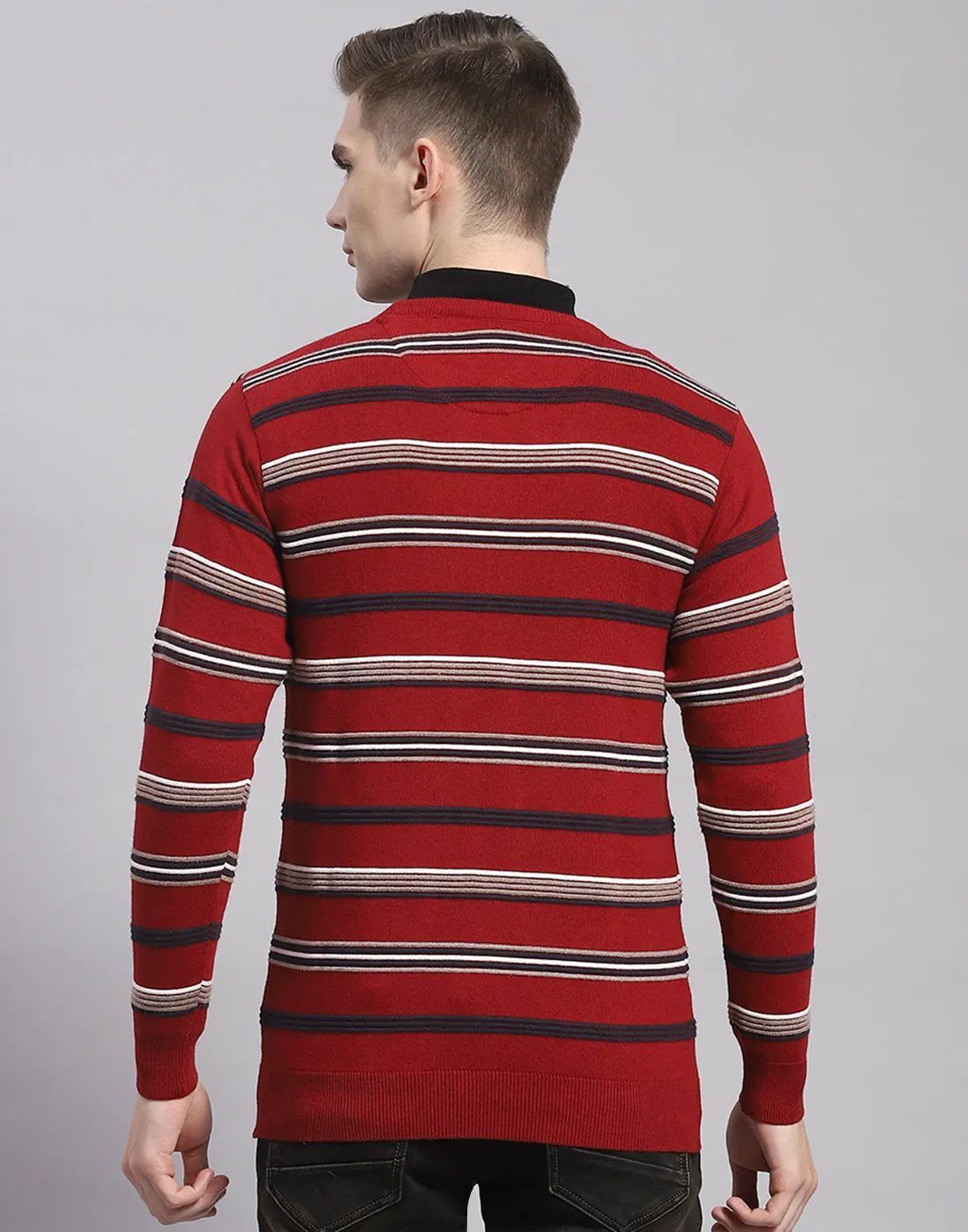 Men Maroon Stripe Round Neck Full Sleeve Pullover