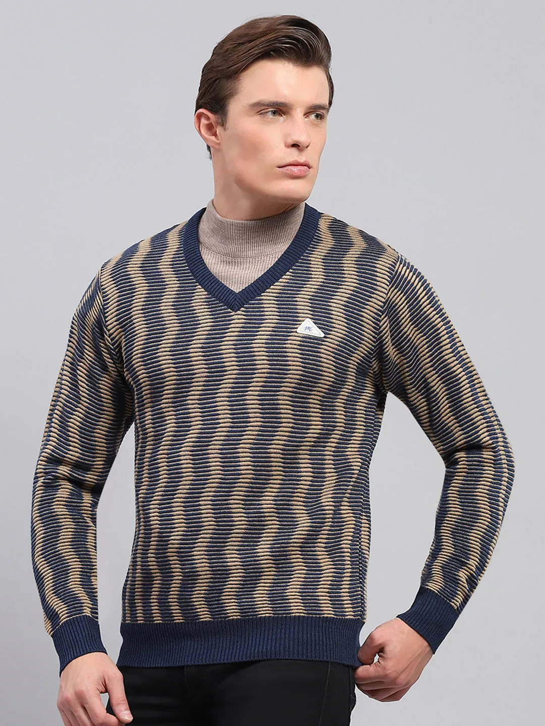 Men Navy Blue & Beige Self Design V Neck Full Sleeve Pullover