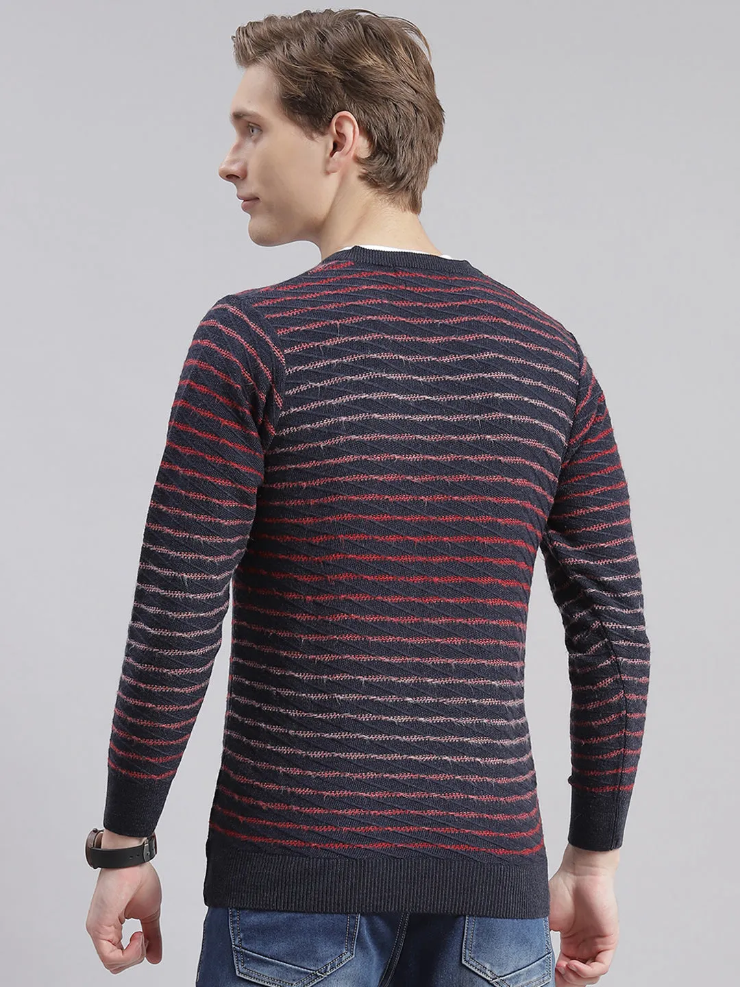 Men Navy Blue Stripe V Neck Full Sleeve Sweaters/Pullovers