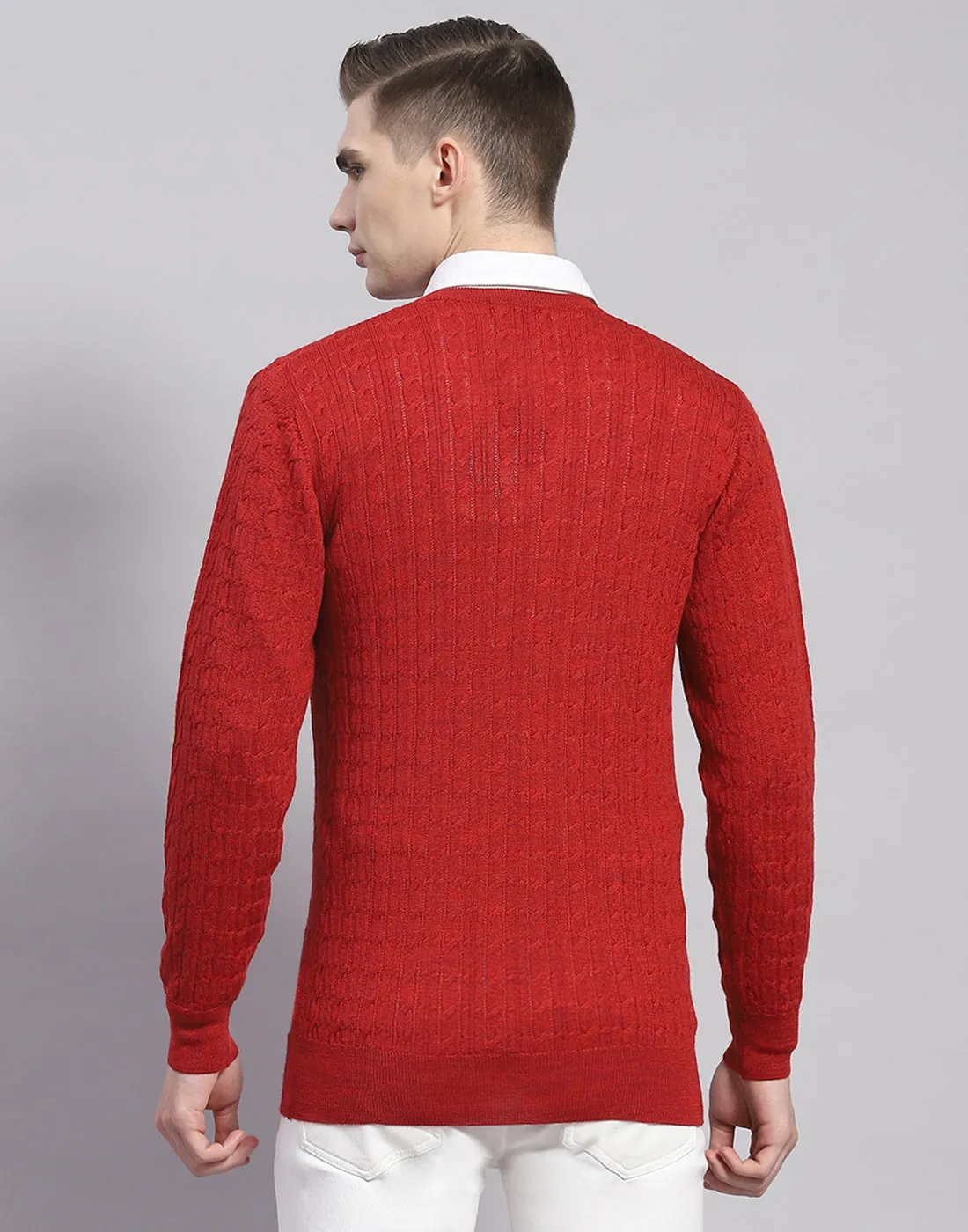 Men Red Solid V Neck Full Sleeve Pullover