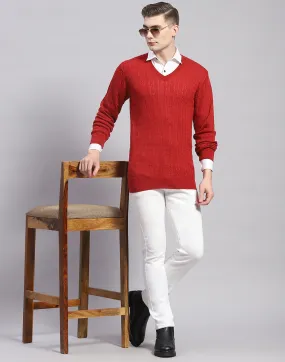 Men Red Solid V Neck Full Sleeve Pullover