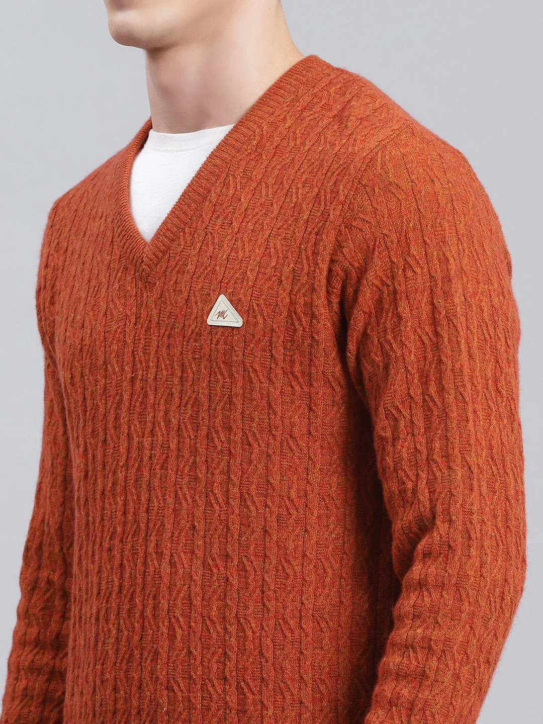 Men Rust Orange Self Design Lamb wool Pullover