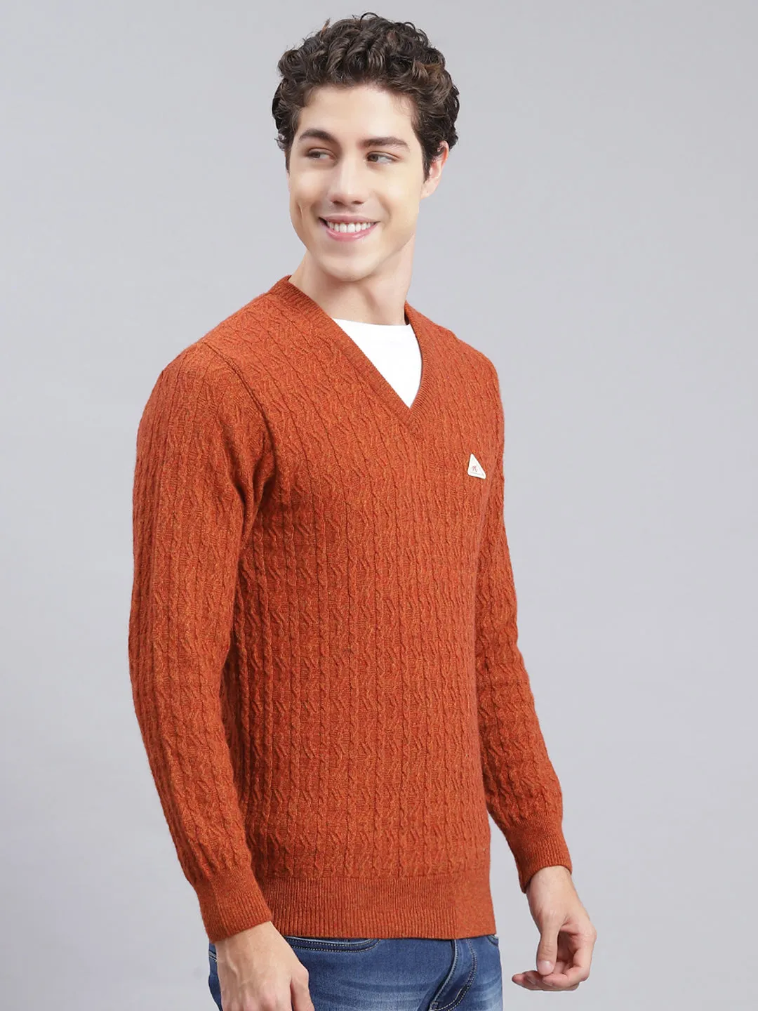 Men Rust Orange Self Design Lamb wool Pullover