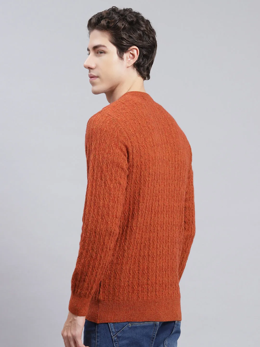 Men Rust Orange Self Design Lamb wool Pullover