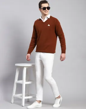 Men Rust Solid V Neck Full Sleeve Pullover