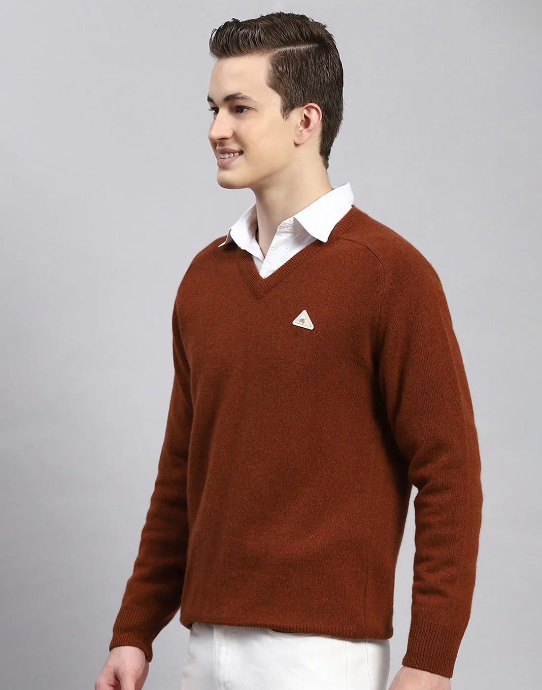 Men Rust Solid V Neck Full Sleeve Pullover