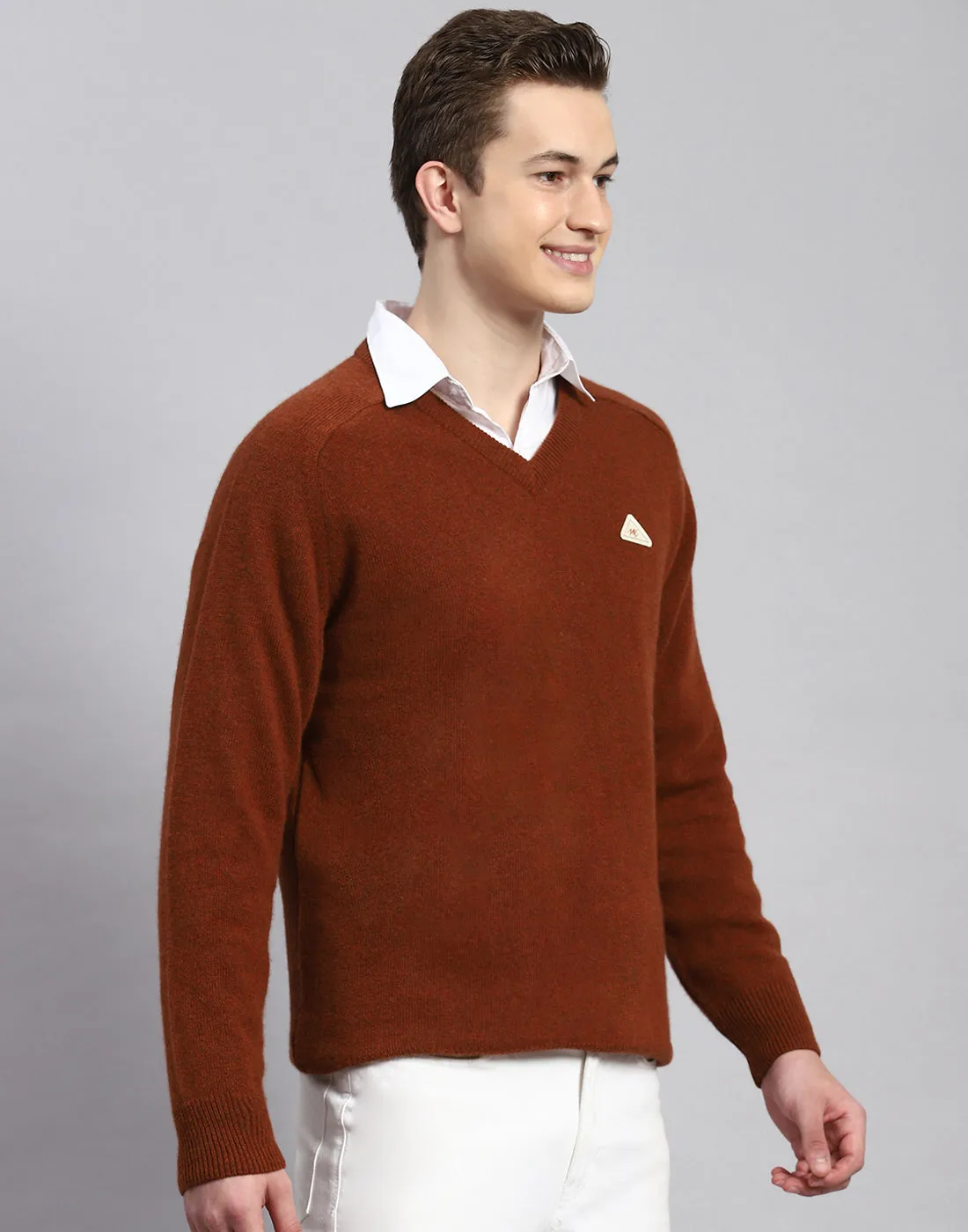 Men Rust Solid V Neck Full Sleeve Pullover