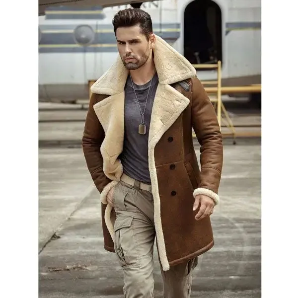 Mens Flight Sheepskin Shearling Aviator Leather Trench Coat