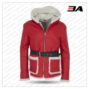 Men's Santa Claus Winter Christmas Hooded Fur Lined Red Leather Coat