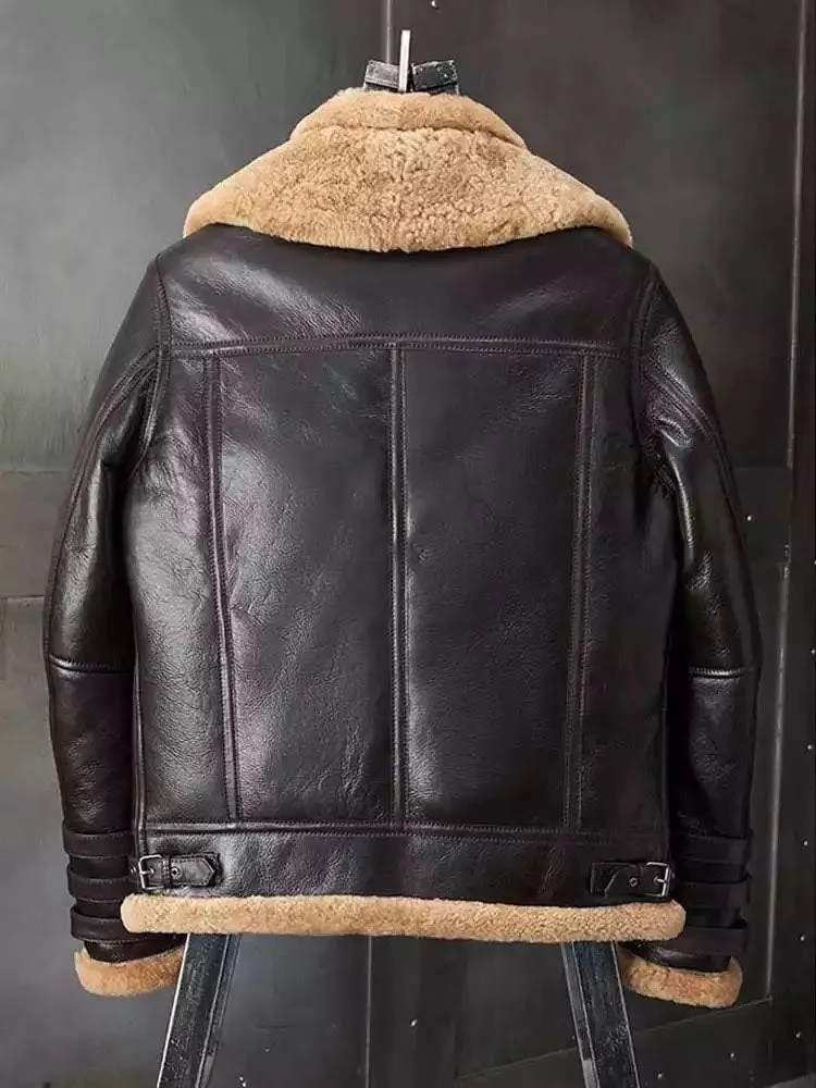 Mens Shearling Coat B3 Bomber Jacket Short Fur Coat Fashion Motorcycle Jacket