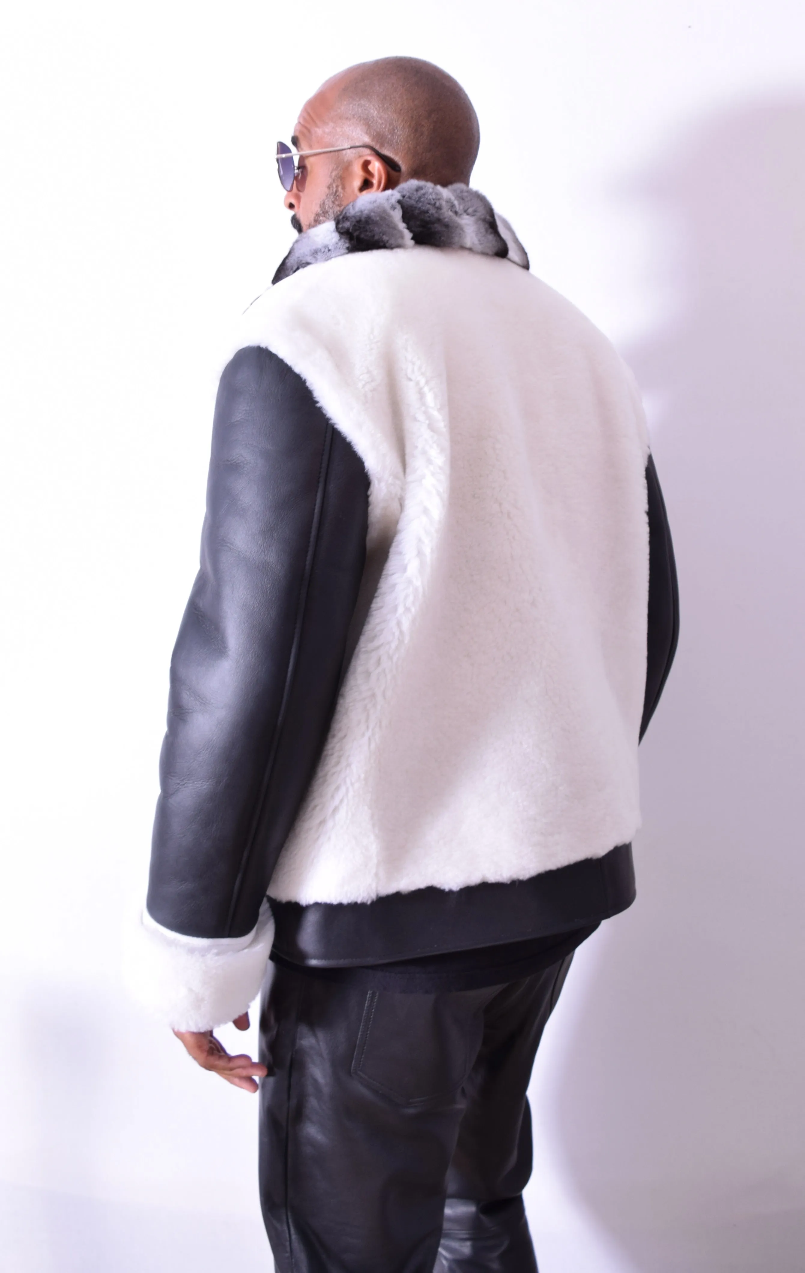 Mouton Front and Back Jacket with Sheepskin Sleeves and Chinchilla Fur Collar #7020C