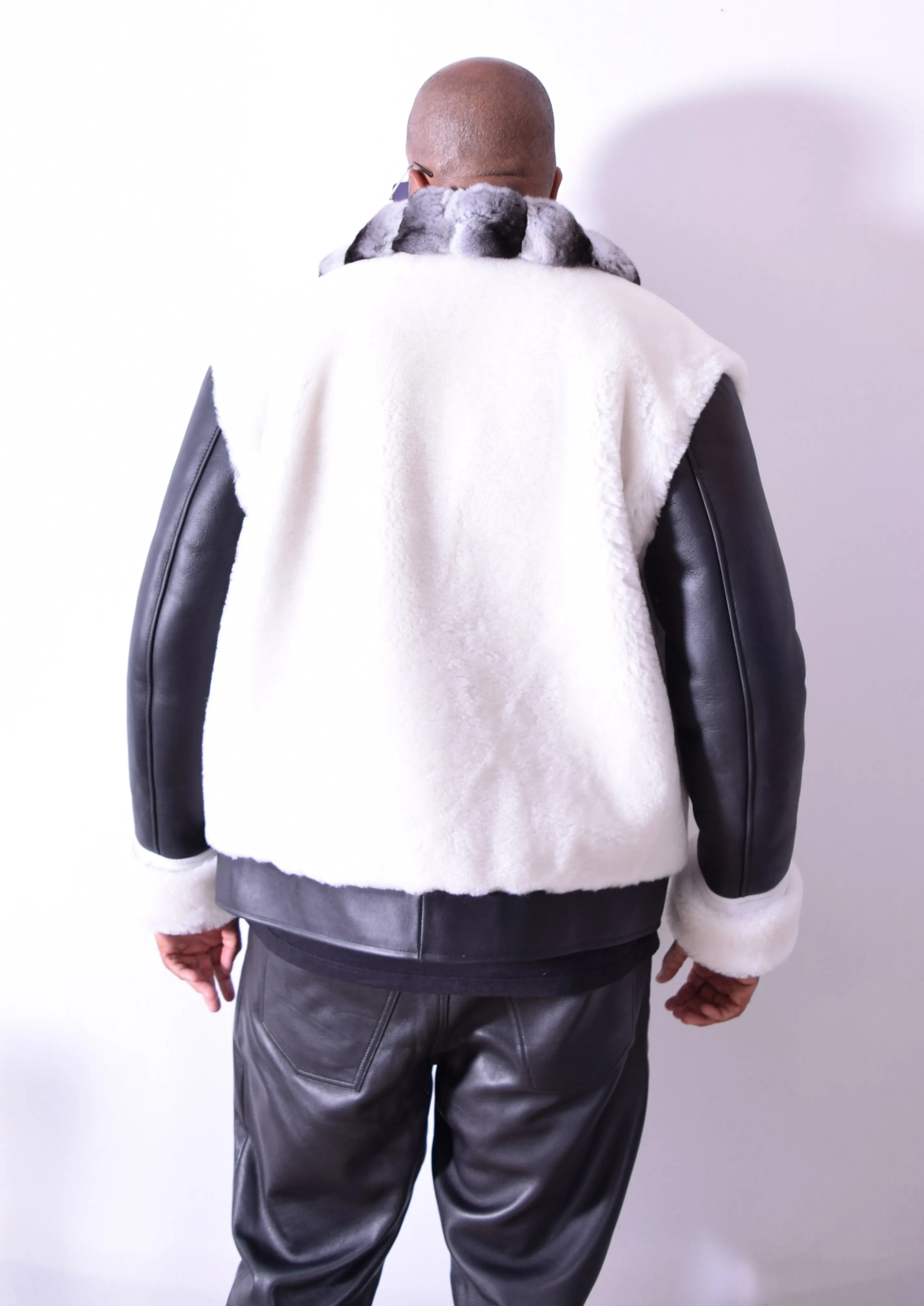 Mouton Front and Back Jacket with Sheepskin Sleeves and Chinchilla Fur Collar #7020C