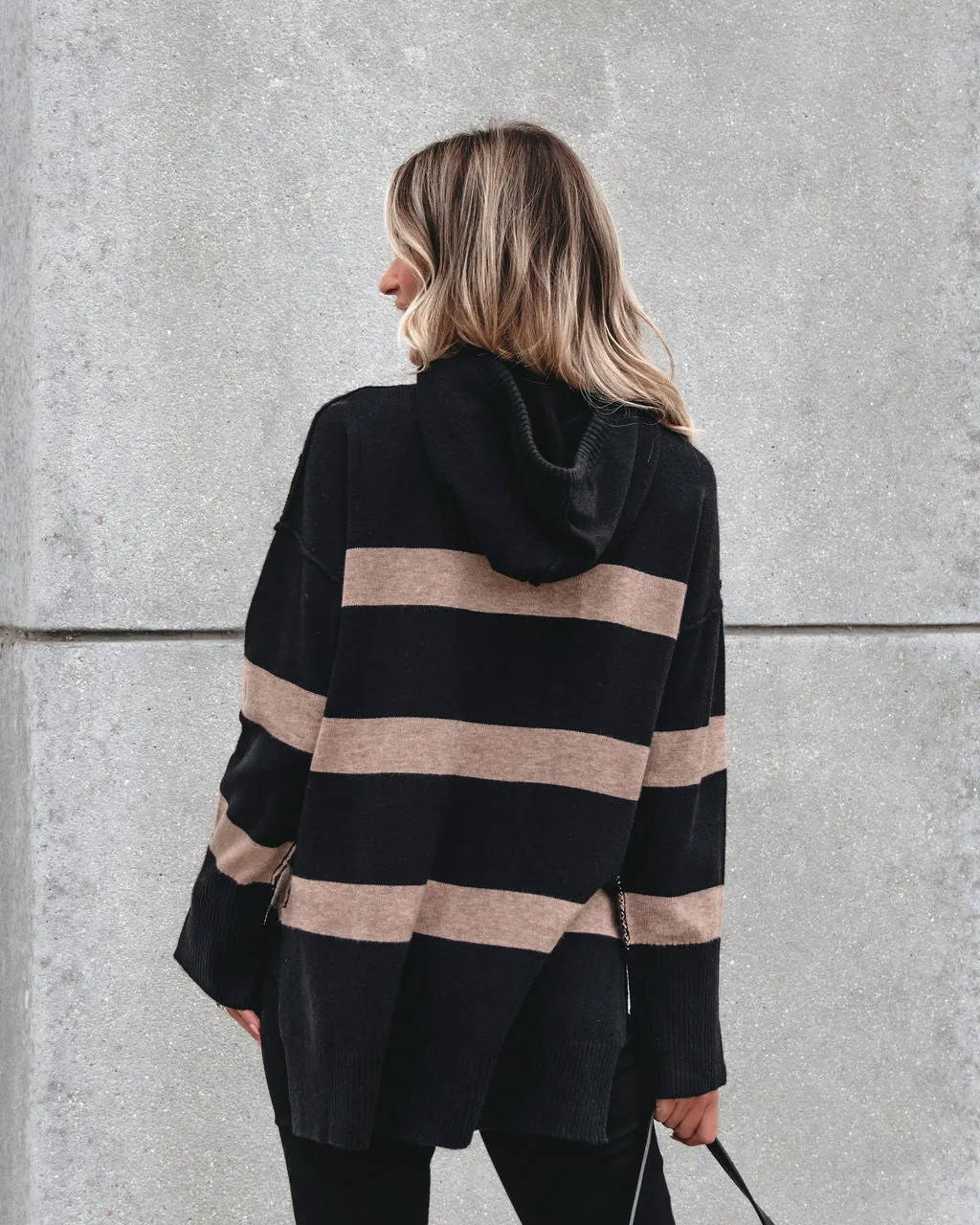 Muse By Magnolia Black and Taupe Striped Hooded Sweater - FINAL SALE