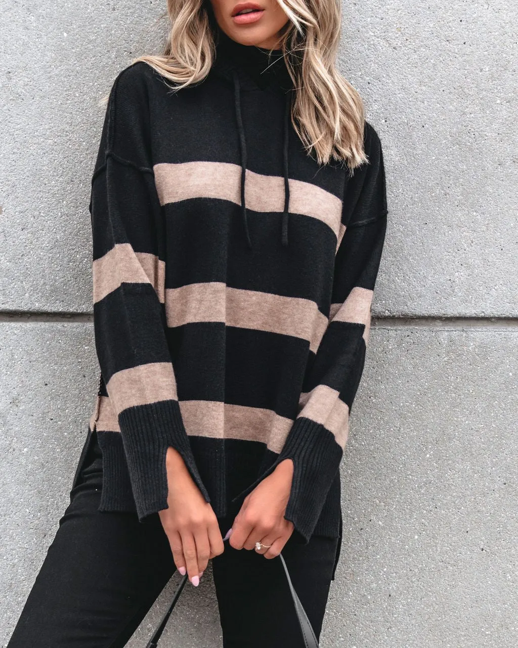 Muse By Magnolia Black and Taupe Striped Hooded Sweater - FINAL SALE