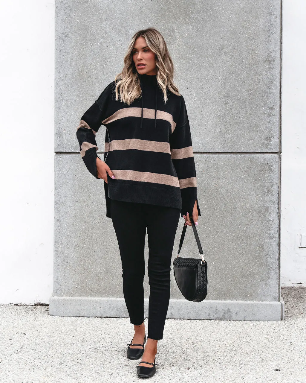 Muse By Magnolia Black and Taupe Striped Hooded Sweater - FINAL SALE