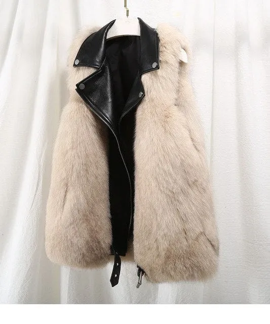 Natural Fox Fur Patchwork Genuine Leather jacket