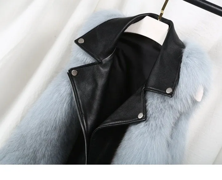 Natural Fox Fur Patchwork Genuine Leather jacket