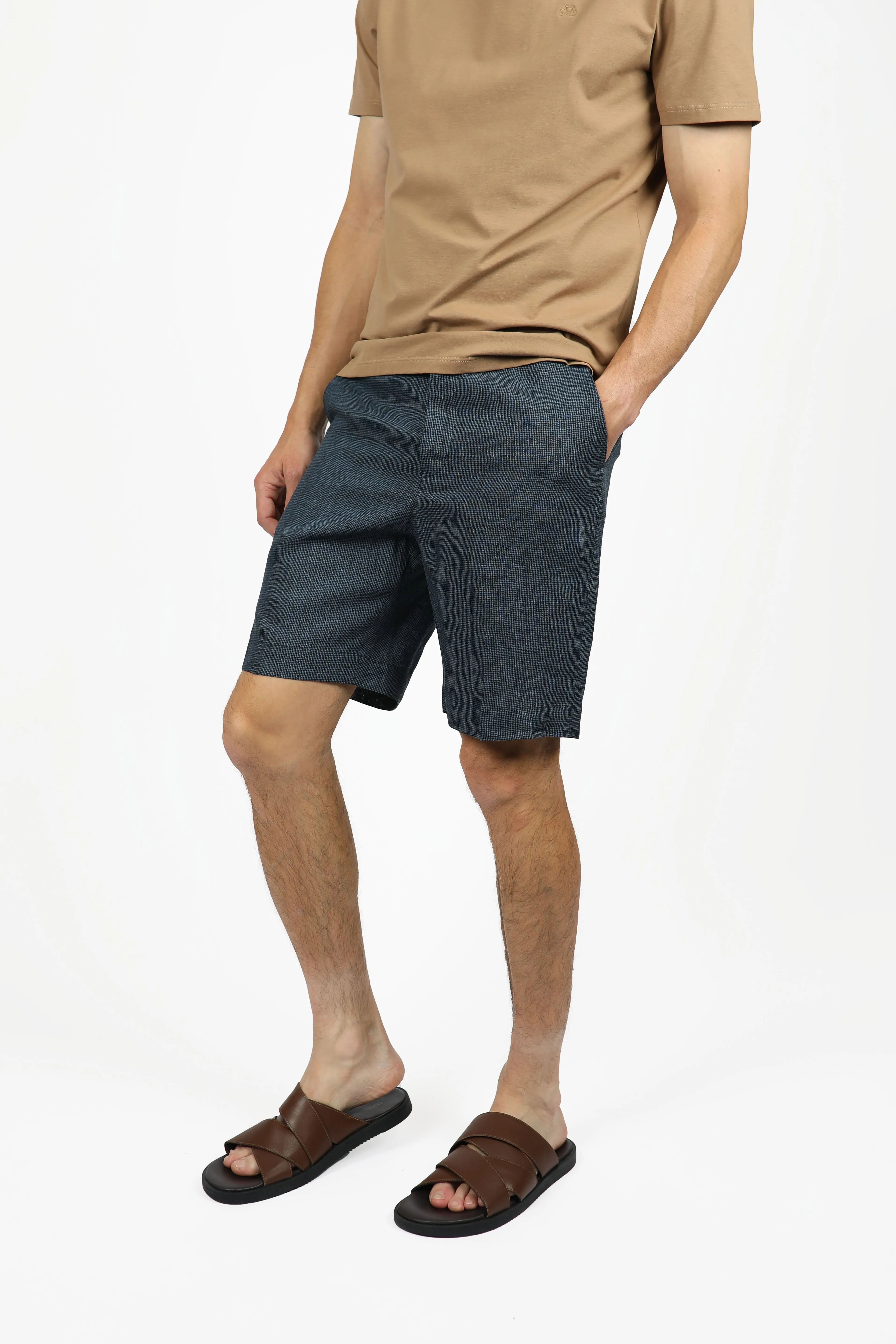 Navy Houndstooth Linen Short