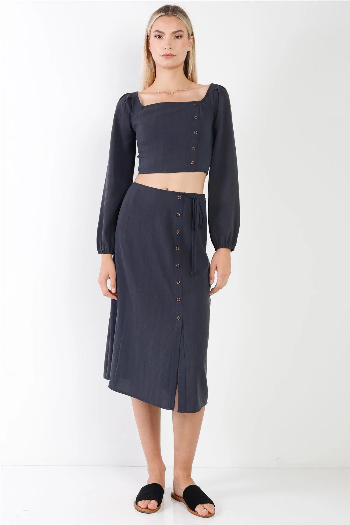 Navy Side Button Square Neck Crop Top & Midi Chic Skirt Set/2-2-2