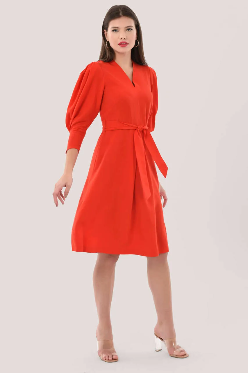 Nikki Pleated A-Line Dress (Red Orange)