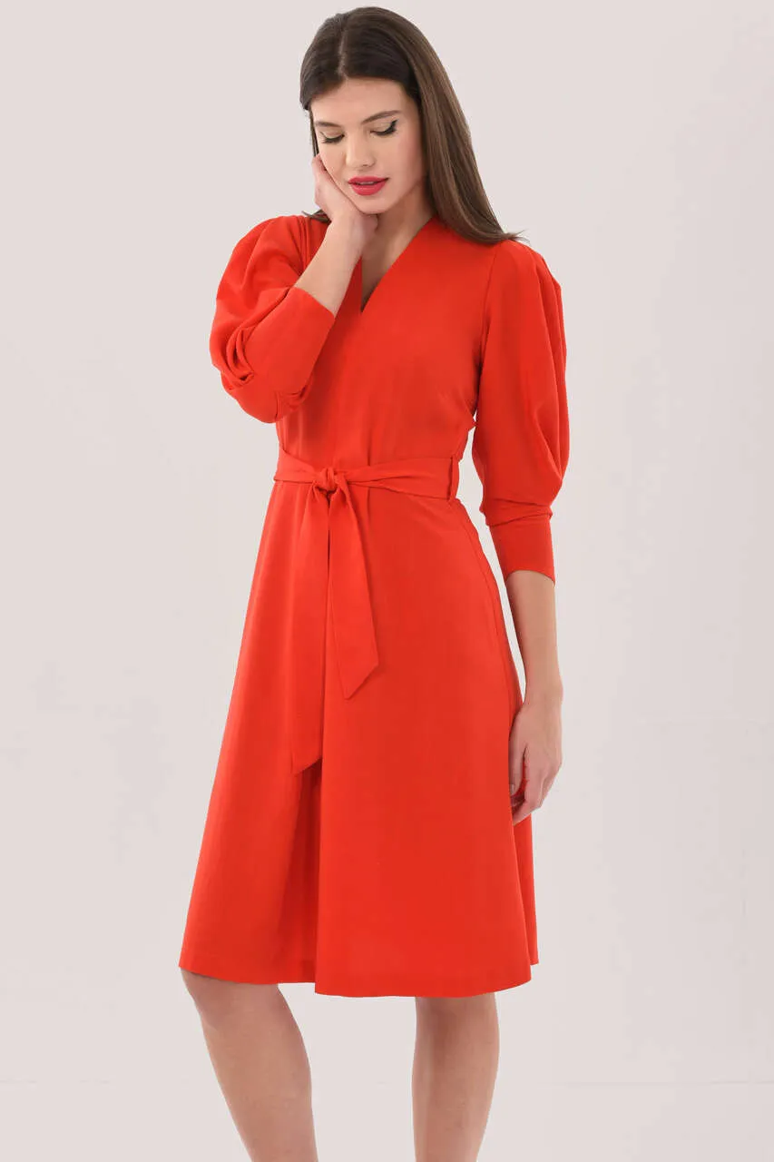 Nikki Pleated A-Line Dress (Red Orange)