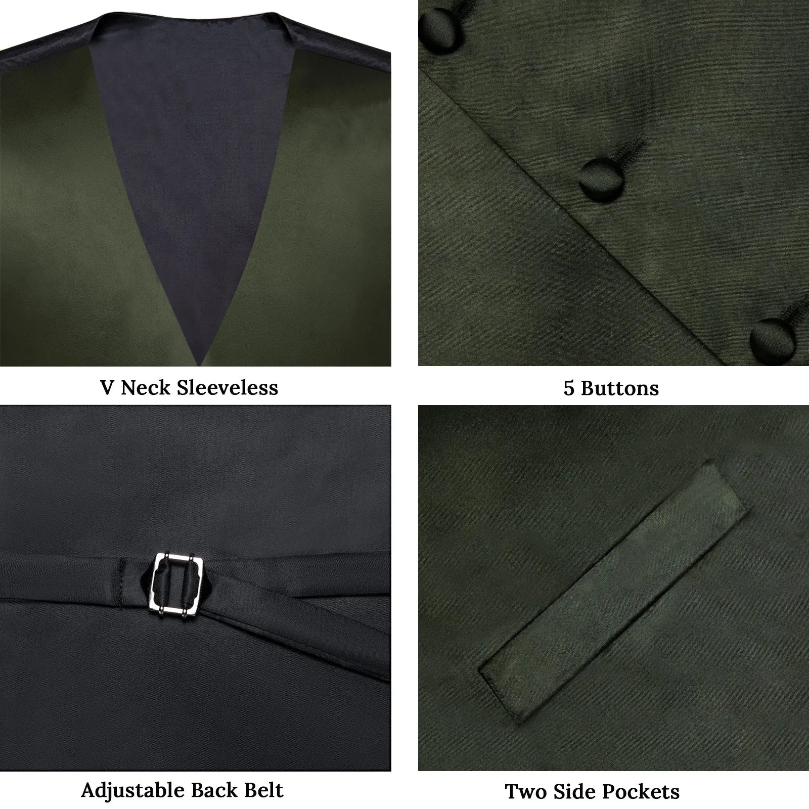 OliveDrab Green Solid Silk Men's Vest Hanky Cufflinks Bow Tie Set