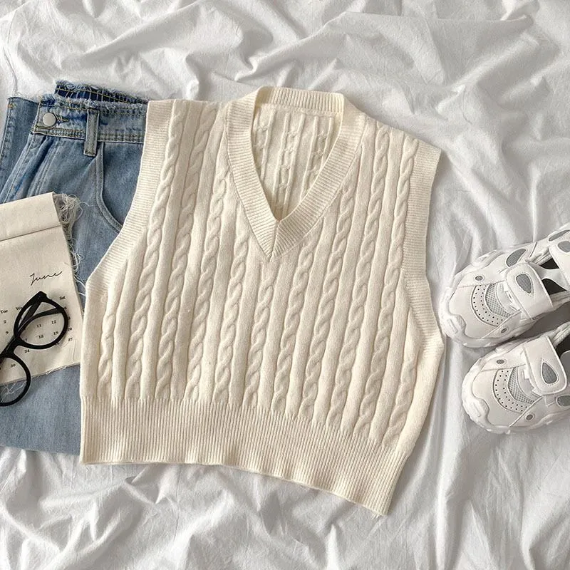 Oversized Cable Knit V Neck Knitted Tank Top Sweater