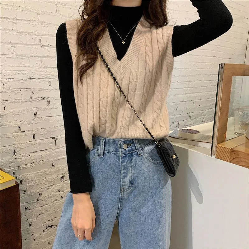 Oversized Cable Knit V Neck Knitted Tank Top Sweater