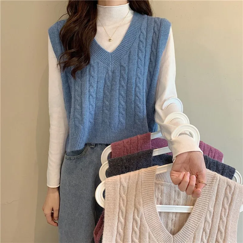 Oversized Cable Knit V Neck Knitted Tank Top Sweater