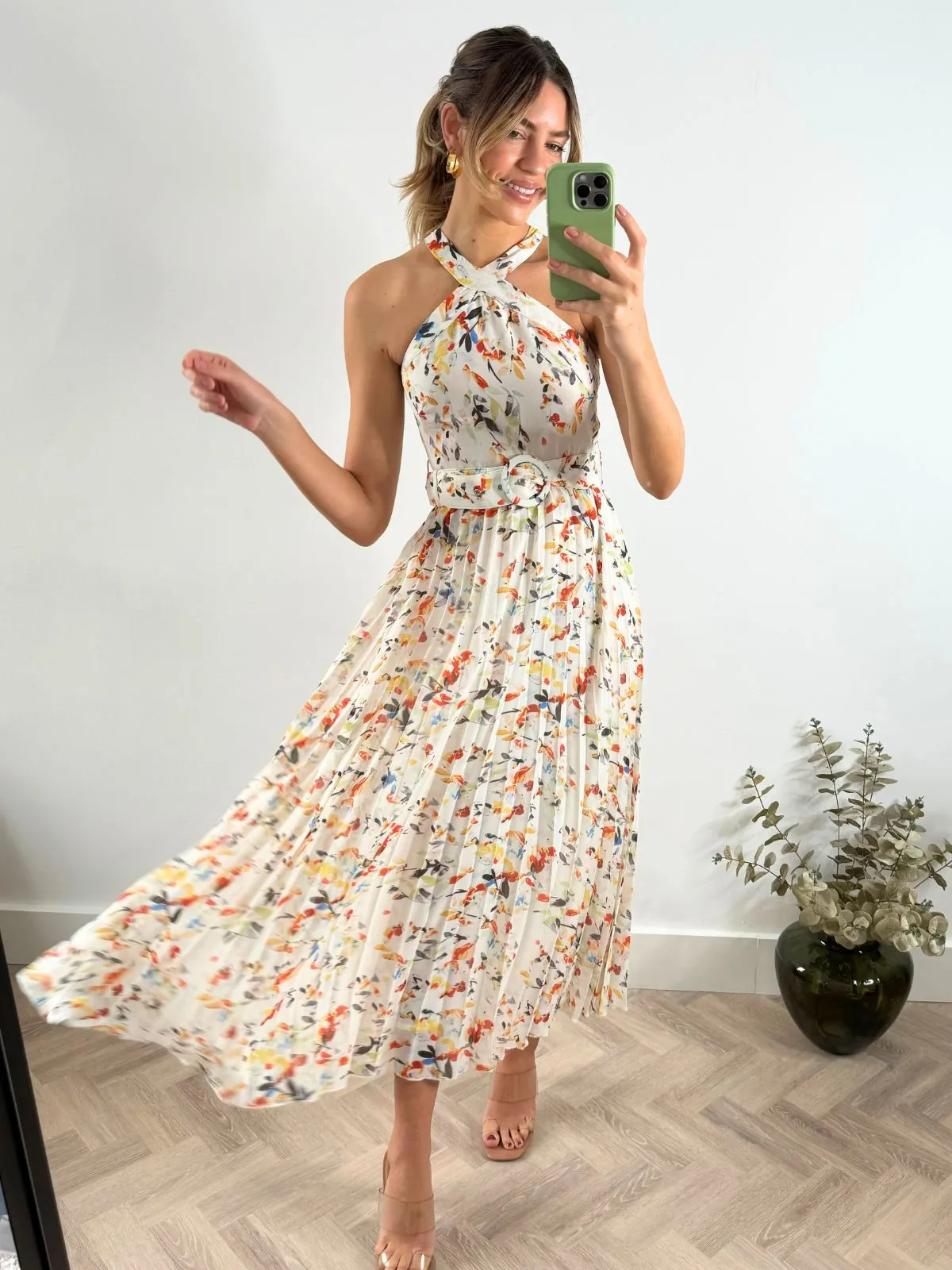 Paige Halter Pleated Belted Dress / Multi Floral