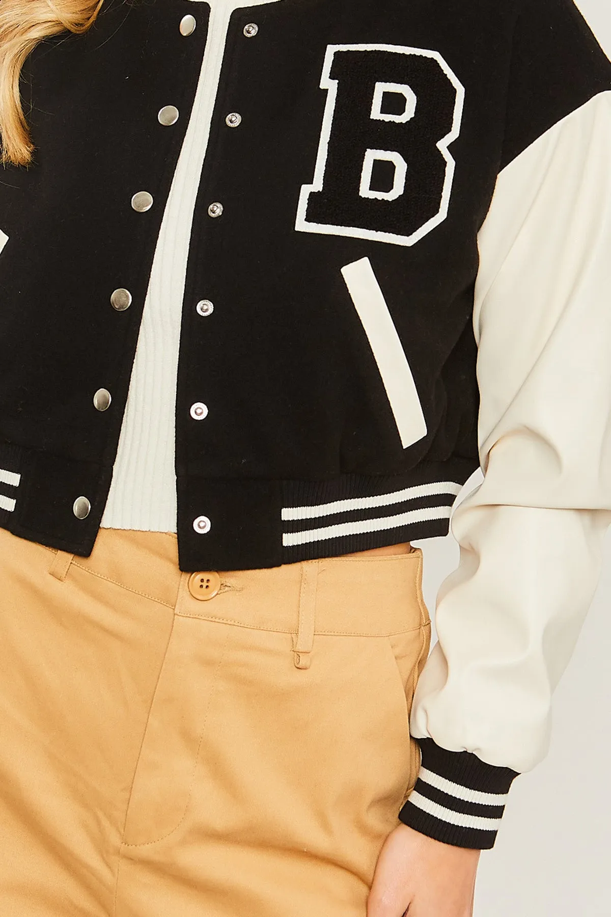 Patched Contrast PU Sleeve Baseball Jacket