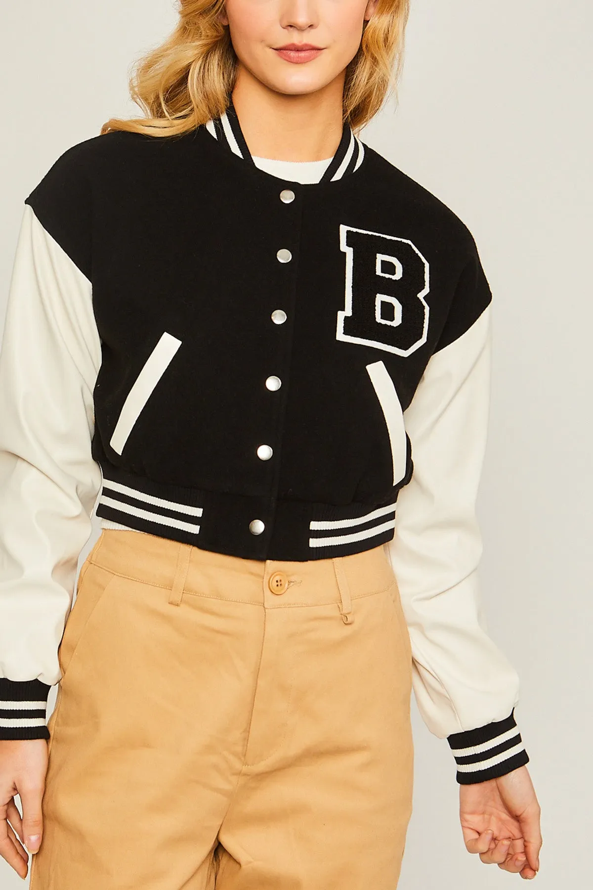 Patched Contrast PU Sleeve Baseball Jacket