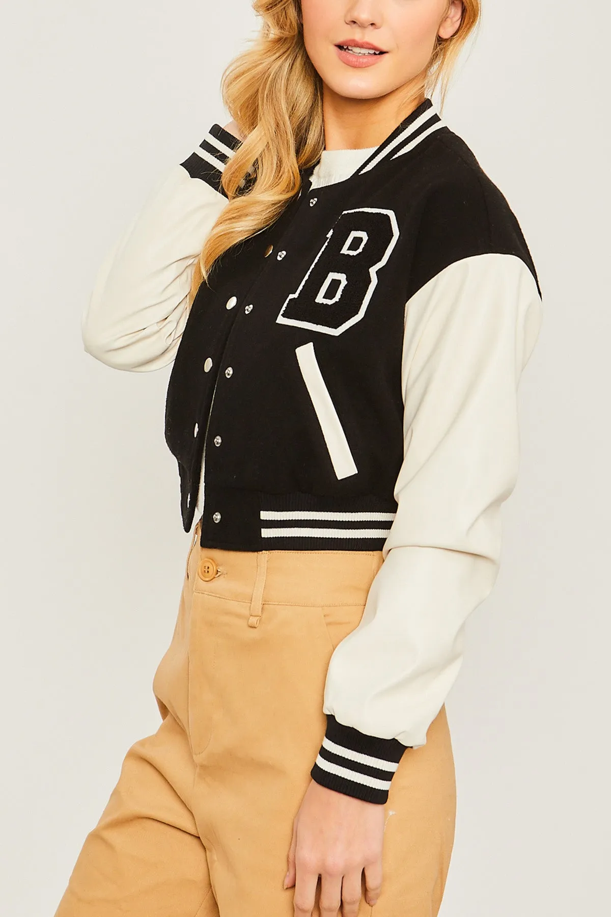 Patched Contrast PU Sleeve Baseball Jacket