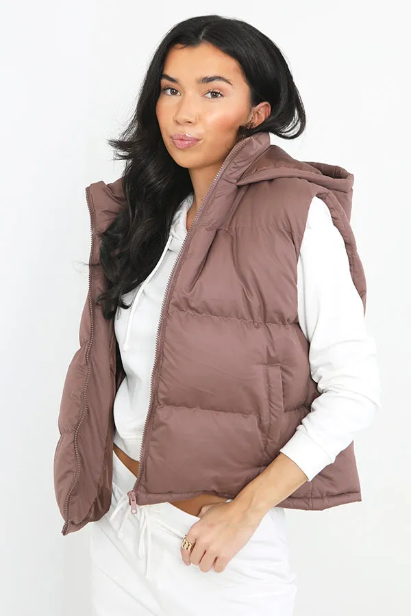 PEPPERCORN BROWN CROPPED MICROFIBRE HOODED GILET