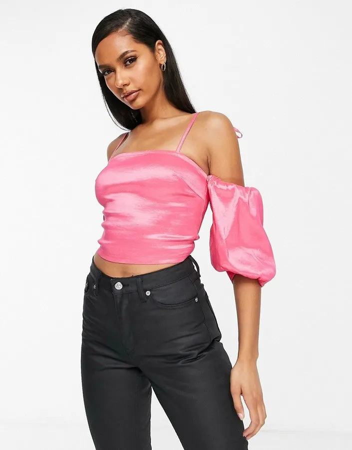 Pink Satin Puff Sleeve Crop Top - UK 10